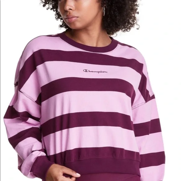 Champion Women’s Cotton Striped Long Sleeve Top Paper Orchiddark Berry Purple L - Picture 2 of 7